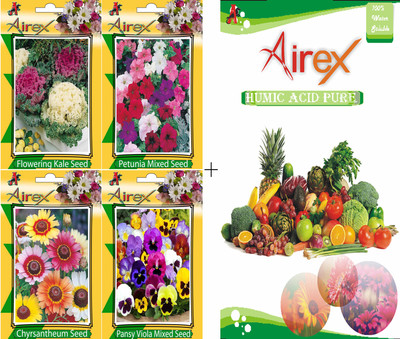 

Airex Flowering Kale, Petunia Mixed, Chyrsantheum and Pansy Viola Mixed Flower Seeds + Humic Acid Fertilizer (For Growth of All Plant and Better Responce) 15 gm Humic Acid + Pack Of 20 Seeds * 4 Per Packet Seed(20 per packet)