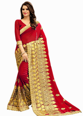 Rudra Fashion Embroidered Fashion Georgette Saree(Red) Flipkart