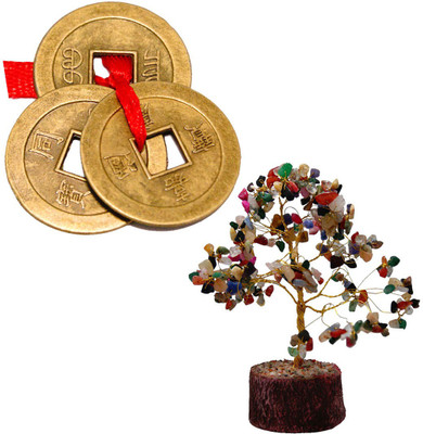 

DivyaMantra Feng Shui Natural Multicolor Healing Gemstone Crystal Bonsai Fortune Tree and Three Lucky Chinese Coins with Red Ribbon for Good Luck, Wealth & Prosperity Decorative Showpiece - 19 cm(Crystal, Multicolor)