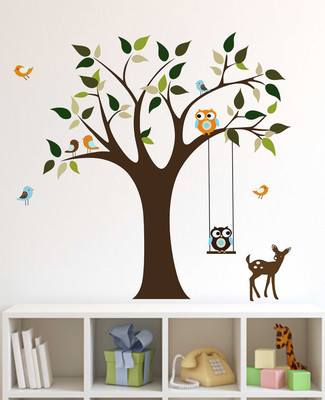 HAPPYSTICKY 95 cm Tree With BIrds Removable Sticker(Pack of 1)