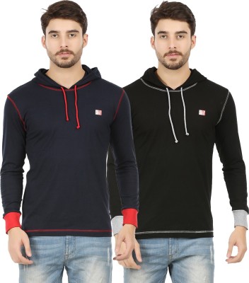 CHECKERSBAY Solid Couple Hooded Neck Dark Blue, Black T-Shirt