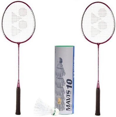 

Yonex Combo of Three, Two 'GR 303 Saina Nehwal special edition' Badminton Rackets and One box of 'Mavis 10' Shuttle Cock (Pack of 6) ( Pink / Black ) Badminton Kit