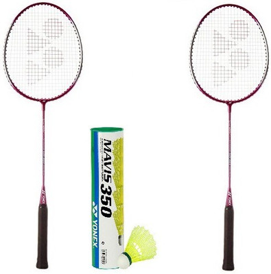 

Yonex Combo of Three, Two 'GR 303 Saina Nehwal Special Edition ( Dark pink / Magenta) Badminton Rackets and One Box 'Mavis 350' Shuttle Cock (Pack of 6) (Color On Availability)- Badminton Kit