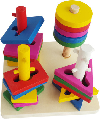 

Trinkets & More - Geometric Shape Sorter Toys | 4 Set of Columns Wooden Puzzle (20 Pieces) | Early Educational Toys for Toddlers Kids 3 + Years(Multicolor)