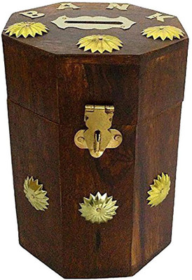 

WoodCart Wooden H@ndmade Octagonal One Flower Line Around With Beautiful Coloured Coin Bank(Red)