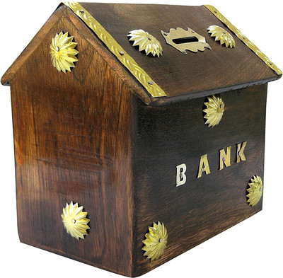 

WoodCart Wooden H@ndmade Antique Hut With Flower Inlaid Design 6 Inch Coin Bank(Brown)