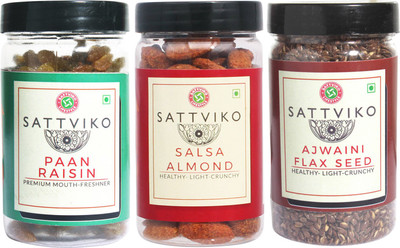 

Sattviko Roasted Salsa Almonds, Paan Raisin, and Ajwaini Flax Seeds Combo(310 gram) Combo(310)