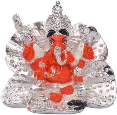 

Siri Creations Hibiscus Ganesha Idol With Silver Polish Decorative Showpiece - 4.5 cm(Silver Plated, Red)