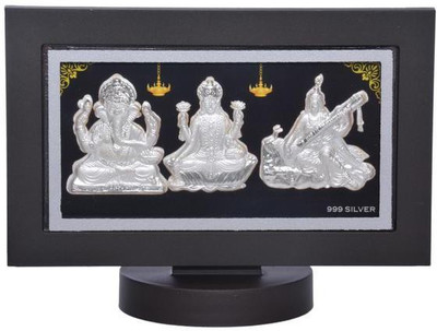 

Siri Creations 999 Pure Silver Lakshmi Ganesha Saraswathi With Acralyic Frame Decorative Showpiece - 18.5 cm(Silver, Black)