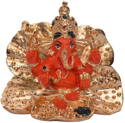 

Siri Creations Hibiscus Ganesha Idol With Gold Polish Decorative Showpiece - 5 cm(Silver Plated, Red)