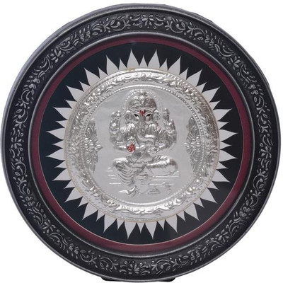 

Siri Creations 999 Pure Silver Ganesha With Round Frame Decorative Showpiece - 11.5 cm(Silver, Black)