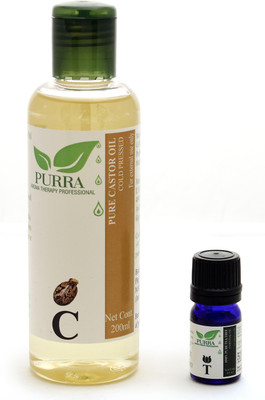 Purra Cold Pressed Castor Carrier Oil (Unrefined Hexane Free) for Hair Growth & Skin-200 ML + Australian Teatree Essential Oil 05 ML for Dandruff & Hair Growth (Combo)(205 ml)