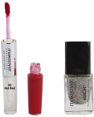 

Makeover Professional Nail Paint Sparking Silver-33 , Lipstick Hot Red-05(Set of 2)