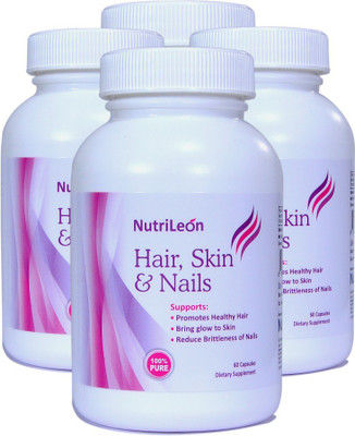 

NutriLeon Biotin 10000mcg Hair Skin & Nails with Collagen Vitamin E Iron Grape seed extract 60 capsules (Pack of 4)(240 No)