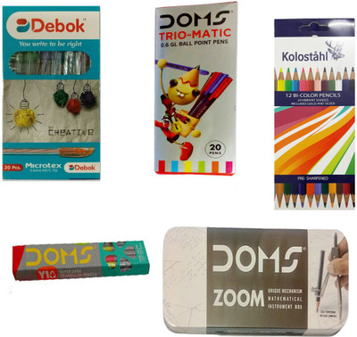 DOMS DEBOK BALL PEN + TRIOMATIC BALL PEN + ZOOM GEOMETRY BOX + Y 1 PLUS PENCIL + KOLOSTAHL 12 BI COLOUR PENCIL ( 24 SHADES ) ART SET available at flipkart for Rs.399