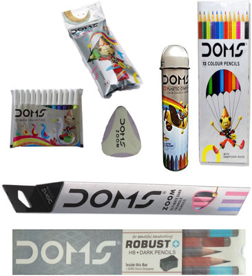 

DOMS ROBUST PENCIL + 12 ERASABLE PLASTIC CRAYONS +12 SHADE TEMPERA COLOURS + 12 WATER COLOUR PENS ( MINI ) + 12 COLOUR PENCIL + ZOOM ERASABLE ART SET