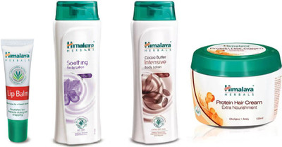 

Himalaya Lip Balm, Soothing Body Lotion, Cocoa Butter Intensive Body Lotion, Protein Hair Cream(Set of 4)