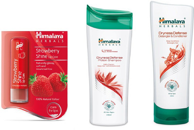 

Himalaya Strawberry Shine Lip Care, Dryness Defense Protion Shampoo, Dryness Defence Datangler & Conditioner(Set of 3)