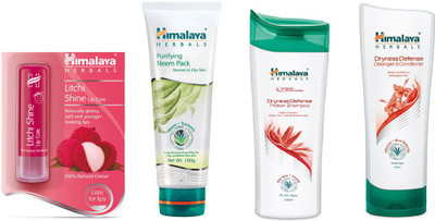 

Himalaya Litchi Shine Lip Care, Purifying Neem Face Pack, Dryness Defense Protion Shampoo, Dryness Defence Datangler & Conditioner(Set of 4)