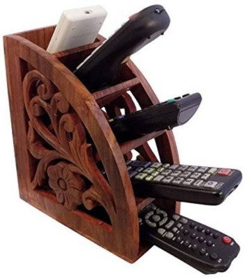 

WoodCart 5 Compartments H@ndmade Wooden Remote Control Storage Holder Stand Organizer Rack Flower Design Remote Holder(Brown)