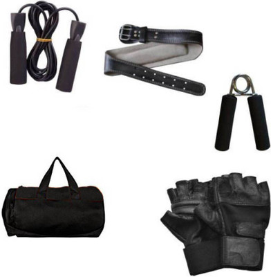 

GLS Fitness Combo Of Gym Duffle Bag Gym Gloves Gym Leather Belt Skipping Rope & Hand Grip Gym & Fitness Kit