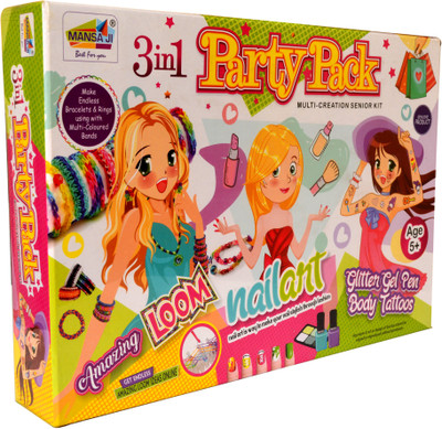 

Mansaji 3 in 1 Party Pack Sr. Amazing Loom and Nail Art and Body Tattoos with Glitter Gel Pen