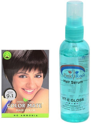 

COLOR MATE Hair Color 9.1 Natural Black Sachet 6 Pcs and 1 Pc Pink Root Hair Serum Pack of 7(Set of 7)