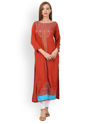 Vishudh Women Printed Straight Kurta(Maroon)
