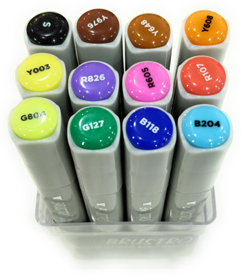 

Brustro Twin Tip Alcohol Based A fineliner and A chiseltip Nib Sketch Pens(Set of 12, Basic A)