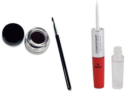 Makeover Professional Lip gloss Sunset-18 , Long Wear Gel Eyeliner Black(Set of 2)
