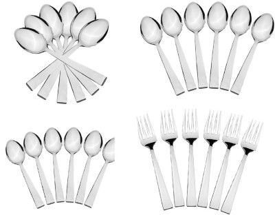 KUBER INDUSTRIES Cutlery Set of Spoons and Fork 24 Pcs.(Desert Spoon 6 Pcs+ Desert Fork 6 Pcs+ Baby soup spoon 6 Pcs+Tea Spoon 6 Pcs) with Designer stand (Cutlery05) Stainless Steel Cutlery Set(Pack of 24)