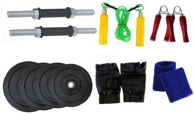 

HEALTH FIT INDIA ONLINE SERIES : NICKLE DUMBELL RODS , 8 KG ( 2 KG X 4 ) WEIGHT PLATES , WOODEN HANDLE SKIPING ROPE , GYM GLOVES SWEAT BAND , HAND GRIP Gym & Fitness Kit