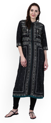 W Women Embroidered Straight Kurta(Black)