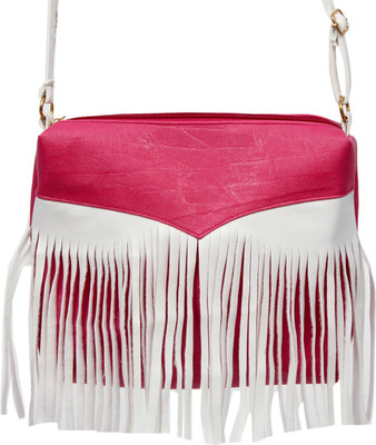 kmbag Women Casual Pink, White Leatherette, Velvet, PU, Rexine Sling Bag