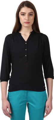 PARK AVENUE Casual 3/4 Sleeve Solid Women Black Top