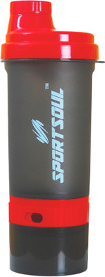 

SportSoul Protein Shaker Bottle (with Storage Compartment with Pill Tray) 600 ml Shaker(Pack of 1, Multicolor), Black;red