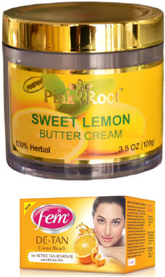

FEM De-Tan Crème Bleach 30g, Pink Root Sweet Lemon Butter Cream 100gm(Set of 2)