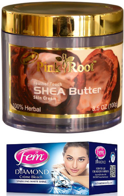 

FEM Diamond Crème Bleach 30g, Pink Root Shea Butter Skin Cream 100gm(Set of 2)