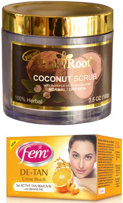 

FEM De-Tan Crème Bleach 30g, Pink Root Coconut Scrub 100gm(Set of 2)