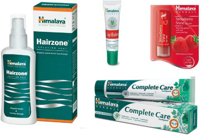 

Himalaya Hairzone Solution, Lip Balm, Strawberry Shine Lip Care, Complete Care Toothpaste(Set of 4)