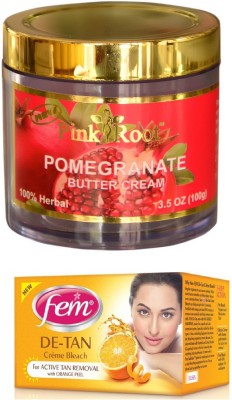 

FEM De-Tan Crème Bleach 30g, Pink Root Pomegranate Butter Cream 100gm(Set of 2)