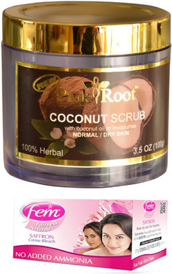 FEM Saffron Crème Bleach 30g, Pink Root Coconut Scrub 100gm(Set of 2)
