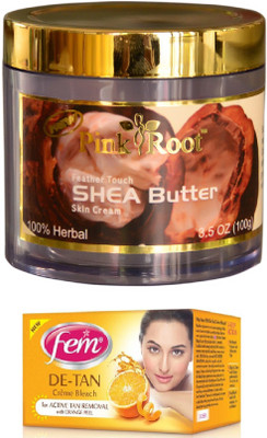 

FEM De-Tan Crème Bleach 30g, Pink Root Shea Butter Skin Cream 100gm(Set of 2)