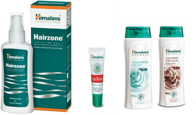 

Himalaya Hairzone Solution, Lip Blam, Nourishing Body Lotion, Cocoa Butter Intensive Body Lotion(Set of 4)
