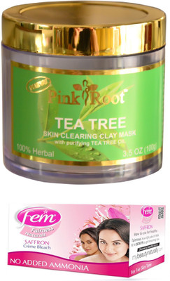 

FEM Saffron Crème Bleach 30g, Pink Root Tea Tree Skin Clearing Clay Mask 100gm(Set of 2)