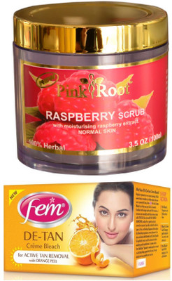 FEM De-Tan Crème Bleach 30g, Pink Root Raspberry Scrub 100gm(Set of 2)