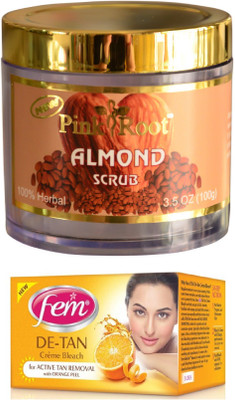 

FEM De-Tan Crème Bleach 30g, Pink Root Almond Scrub 100gm(Set of 2)