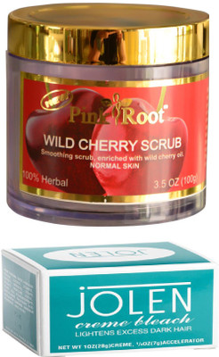 

Jolen Crème Bleach 14g+ 4gm Accelerator, Pink Root Wild Cherry Scrub 100gm(Set of 2)