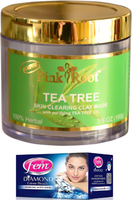 

FEM Diamond Crème Bleach 30g, Pink Root Tea Tree Skin Clearing Clay Mask 100gm(Set of 2)