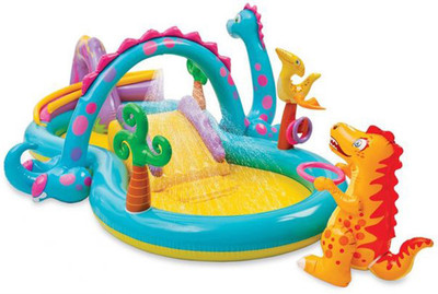 INTEX ® Original Inflatable Dinoland Play Center Swimming Pool With inbuilt Water Spray,6 balls and 3 rings & Inflatable dragon Inflatable Pool Accessory(Multicolor)